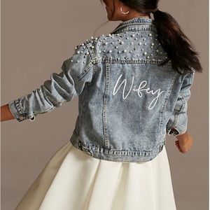 Wifey Pearl and crystal studded denim jacket